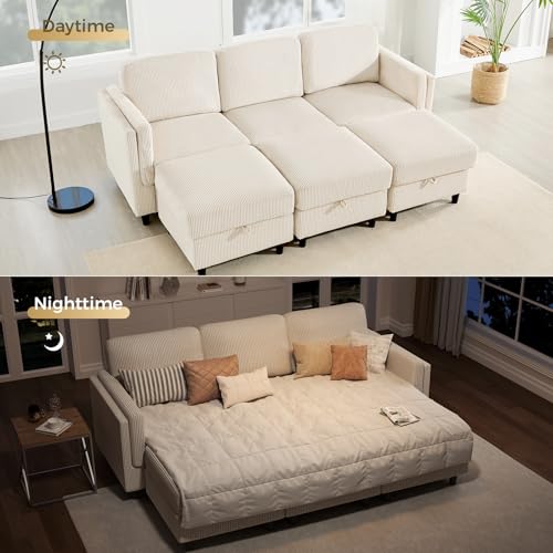 KKL Modular Sectional Sofa Bed with Storage Ottoman, Convertible L/U-Shaped Sleeper Couch for Living Room, Modern Reversible Design, Beige