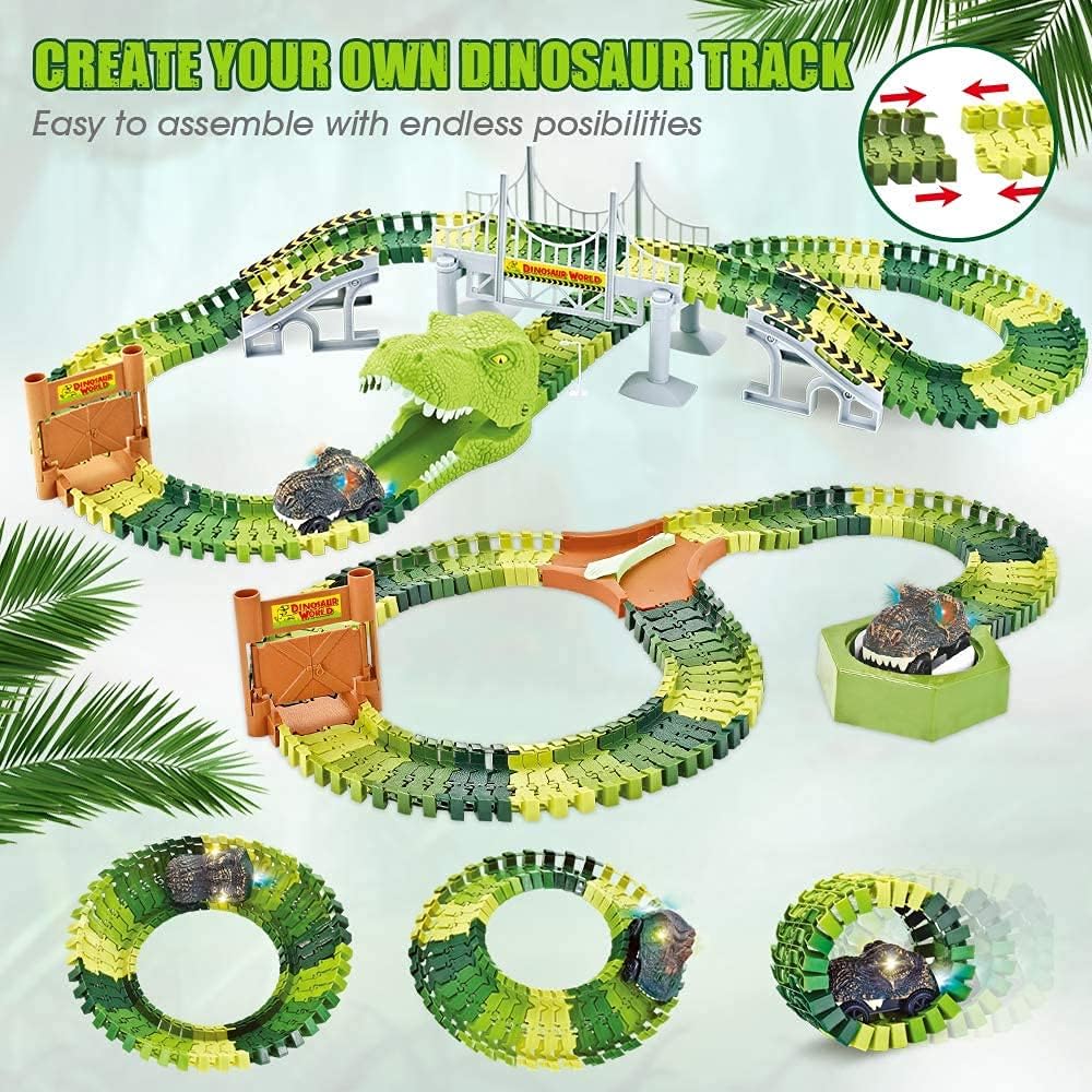 174 PCS Dinosaur Toys Race Track, Flexible Train Tracks with 8 Dinosaurs Figures