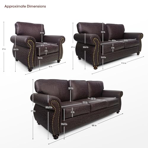 Mid-Century Vintage Sofa Couches with Rivet Design,3-Seater Sofa,Removable Sofa Cover Upholstered Cushions and Solid Wood Frame (Brown, 3-Seater)