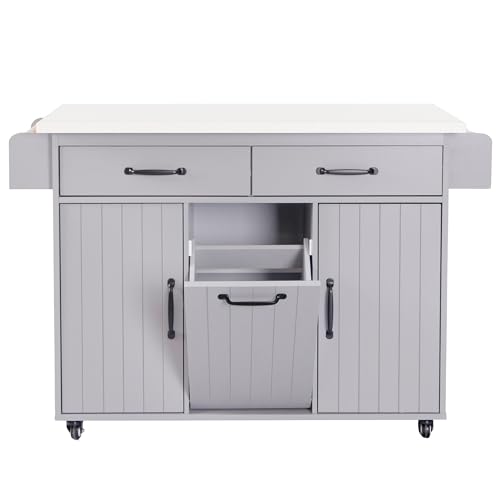 Ball & Cast Farmhouse Kitchen Island with Drop Leaf & Barn Door,Rolling Kitchen Cart on Wheels with Power Outlet,3 Large Drawers