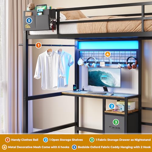DICTAC Twin Over Twin Size Bunk Bed with Desk and Charging Station Metal Loft Bed with Led Lights & Storage Shelves and Drawers L-Shaped Bunk Bed for
