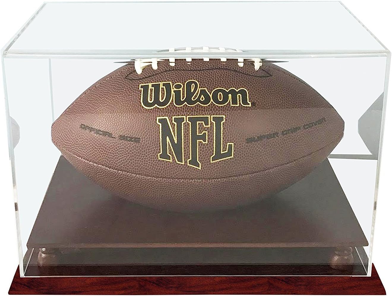 DECOMIL - UV Protection Football Display Case Holder, All 4 Sides Visible, Solid Wood Base - Cherry Finish
