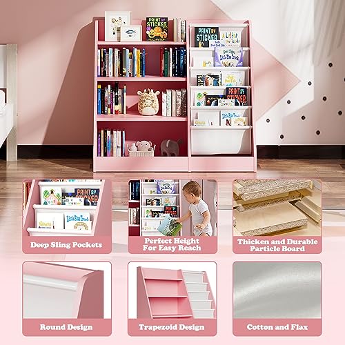 White Kids Bookshelf Wood Toy Storage Organizer Cabinet Children Bookcase Toddler Baby Sling Book Rack 3 Cube Bins Fabric Drawers for Playroom