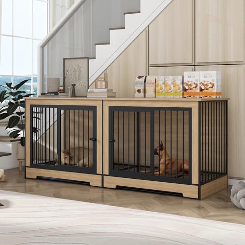 63'' Double Dog Crate Furniture for 2 Dogs, XXL Wooden 2 Dog Kennel, Wooden Dog Kennel with 2 Drawers,Divider and Sliding Door