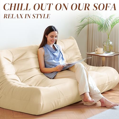 Bean Bag Chair for Adults - Suede & Microfiber Fireside Floor Chair, Comfortable Corner Lounge Sofa for Living Room, Bedroom, Office (3-Seater, Beige)