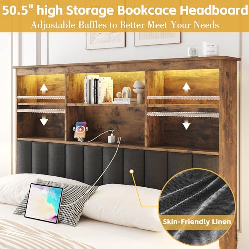 Lifezone Queen Bed Frame with Headboard, Queen Bed Frame with High Storage Bookcase Headboard,4 Storage Drawers & Charging Station & LED