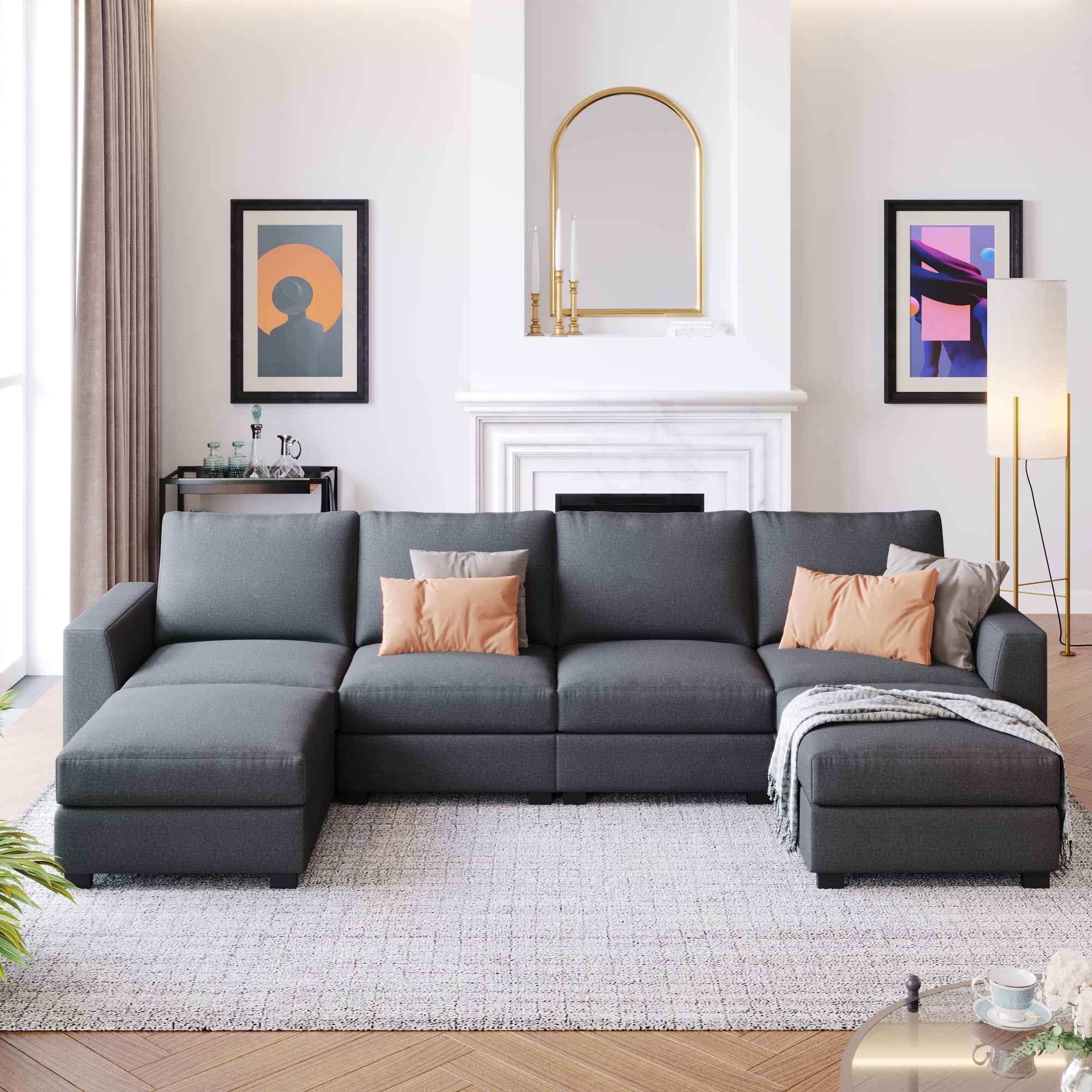 Euroco U Shaped Sofa with Removable Ottomans Sectional Sofa 6 Seater for Living Room, Gray