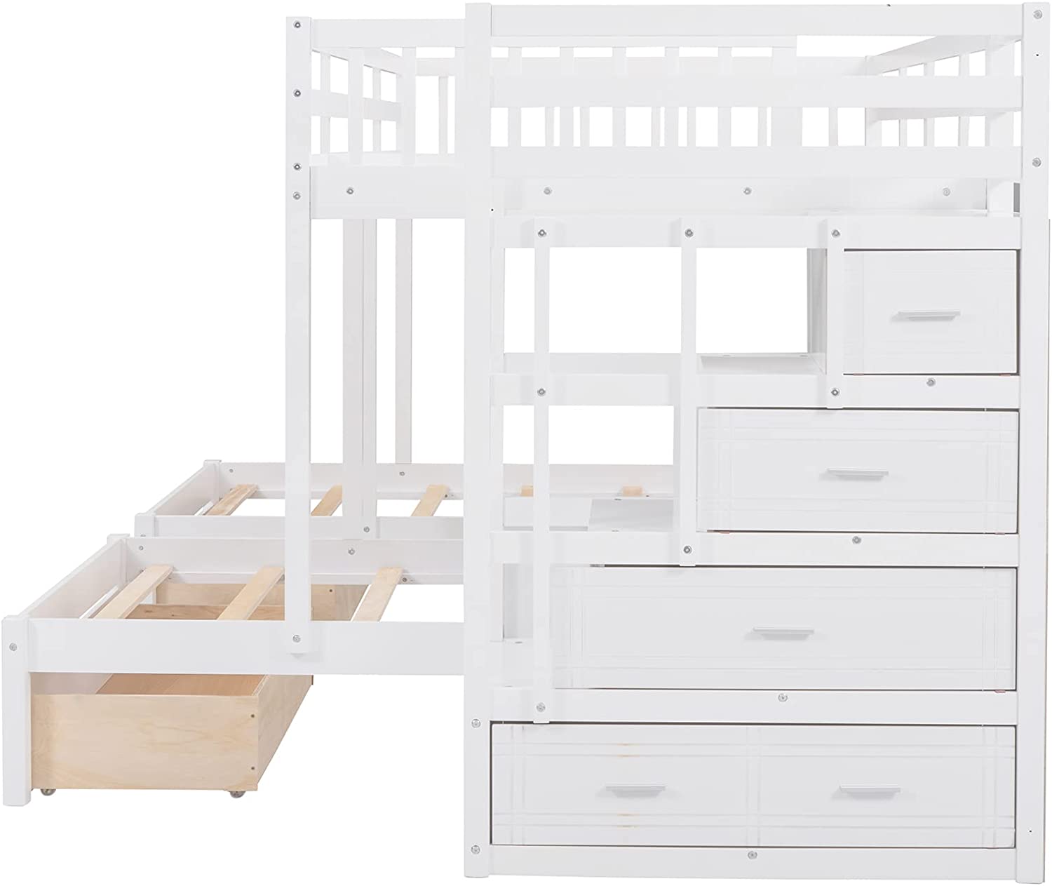 Full Over Twin & Twin Bunk Bed, Wood Triple Bunk-Beds with Drawers and Guardrails,White