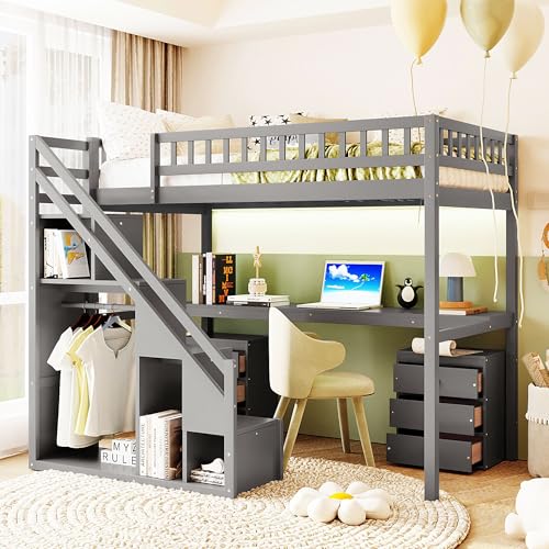Modern Full Size Gaming Loft Bed with Built-in Desk and Storage Wardrobe, Wood Loft Bed Frame with Light Strip and 2 Drawers