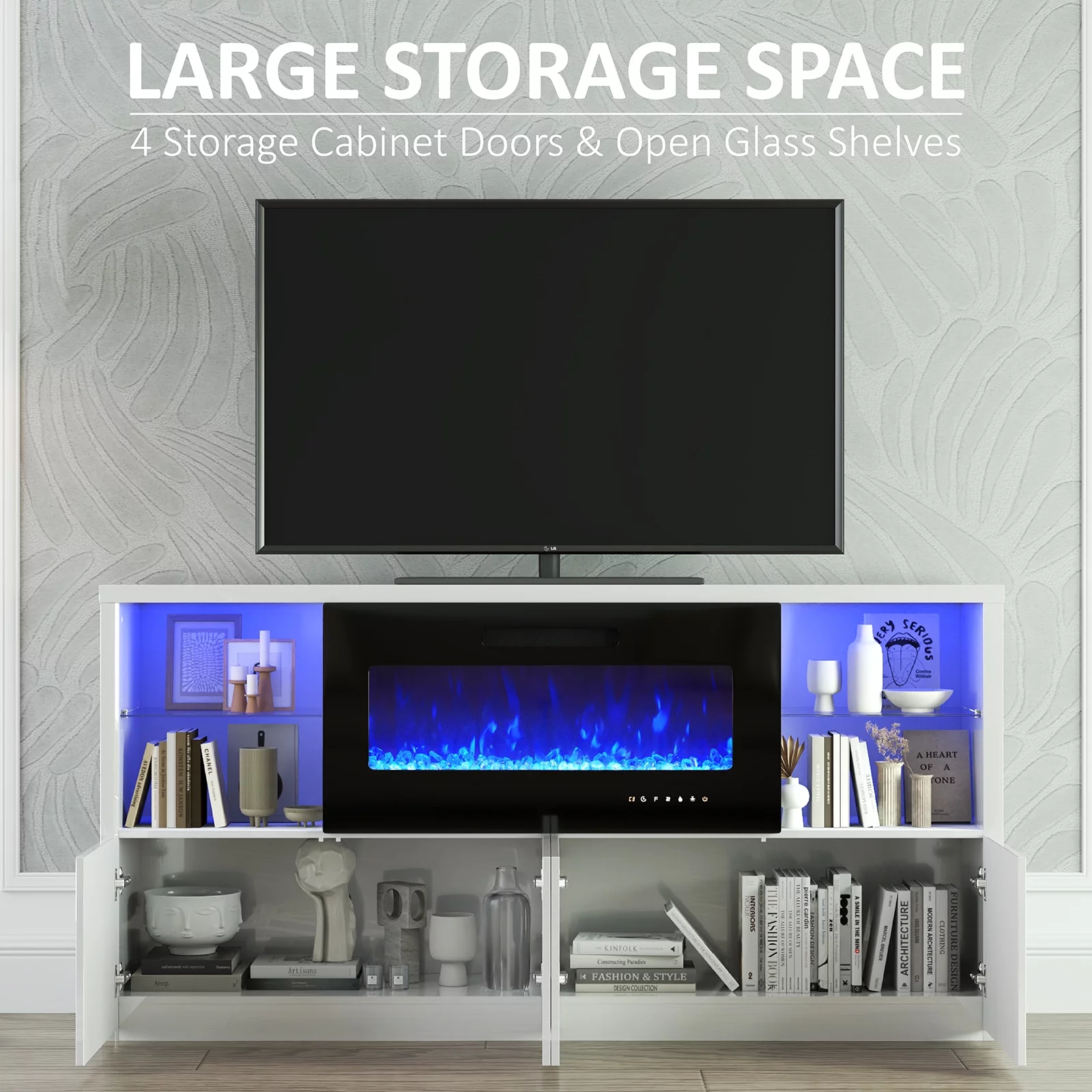 LUXOAK Electric Fireplace TV Stand for TVs up to 75", Modern High Gloss Entertainment Center with 40" Fireplace, White