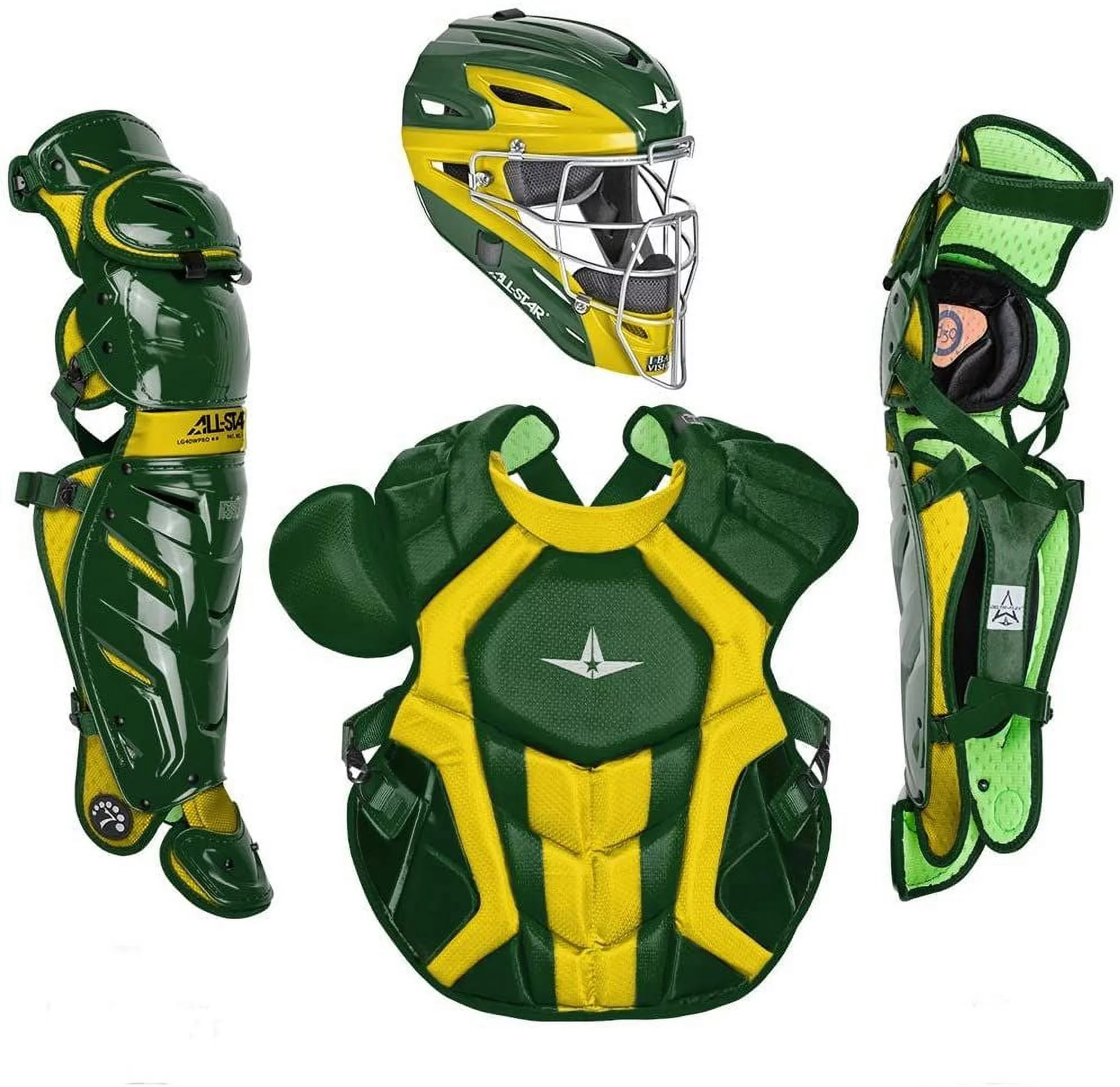All-Star System7 Axis NOCSAE Adult Two Tone Baseball Catchers Set, Dark Green/Gold - Radiant Selections