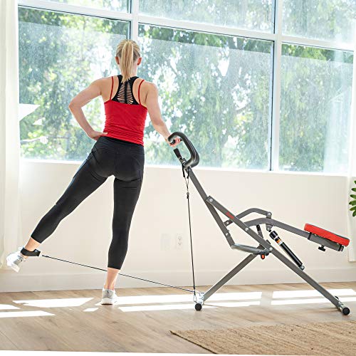 Sunny Health & Fitness Row-N-Ride PRO, Full Body Combo Squat Machine w/Optional Resistance Band, Easy Setup Ab Workout Exercise Equipment for Home