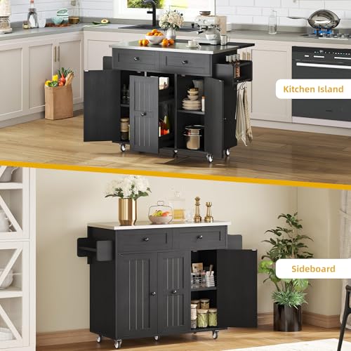 DWVO Kitchen Island on Wheels, Mobile Kitchen Island Cart with Folding Drop Leaf Breakfast Bar, Island Table for Kitchen with Large Storage Cabinets