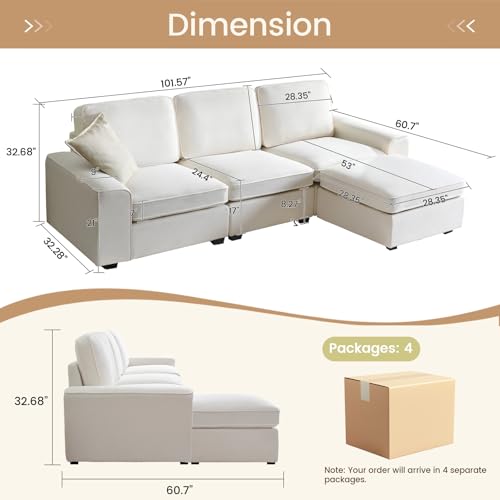 101" L Shaped Couch Modular Sectional Sofa with Storage Ottoman Chaise, Modern Modular Sofa, Comfy Sectional Couches for Living Room Apartment
