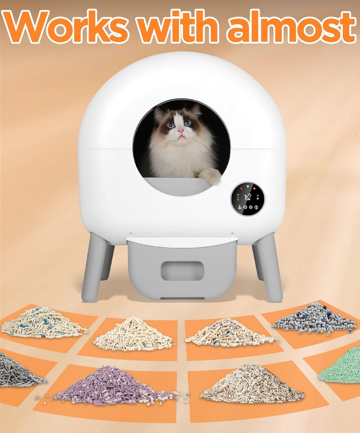 Self Cleaning Litter Box -100L Automatic Cat Litter Box Self Cleaning, All Cats Can Use, with 1 Roll Garbage Bags and Mat, App Control, White.