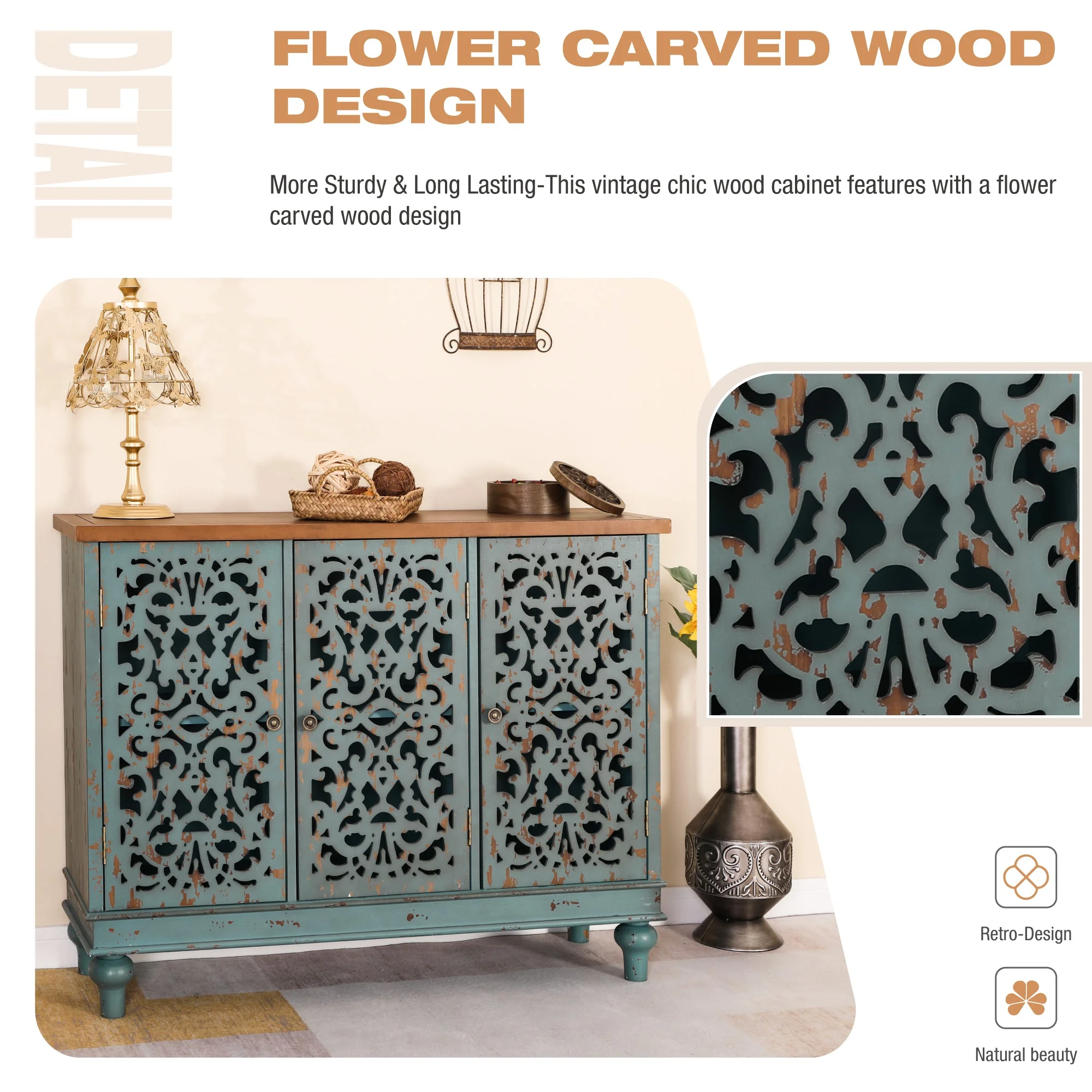 Sophia & William 3-Door Hollow-Carved Sideboard Accent Cabinet for Kitchen, Dining Room, Living Room, Entryway-Blue