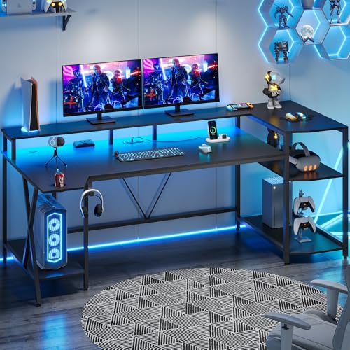 SEDETA Gaming Desk 70.8'' with LED Lights and Storage Shelves, Computer Desk with Monitor Stand, Power Outlets and Cup Holder, Large PC Gamer Desk