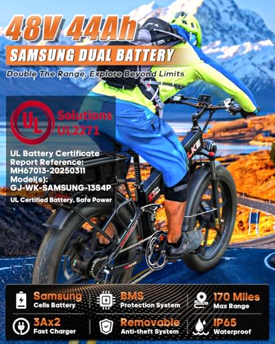 W Wallke Actual 2800W Dual Motor Folding Mountain Electric Bike, 48V 44Ah Battery 170 Mile,26" Fat Tire 35MPH Fast Adult Ebike