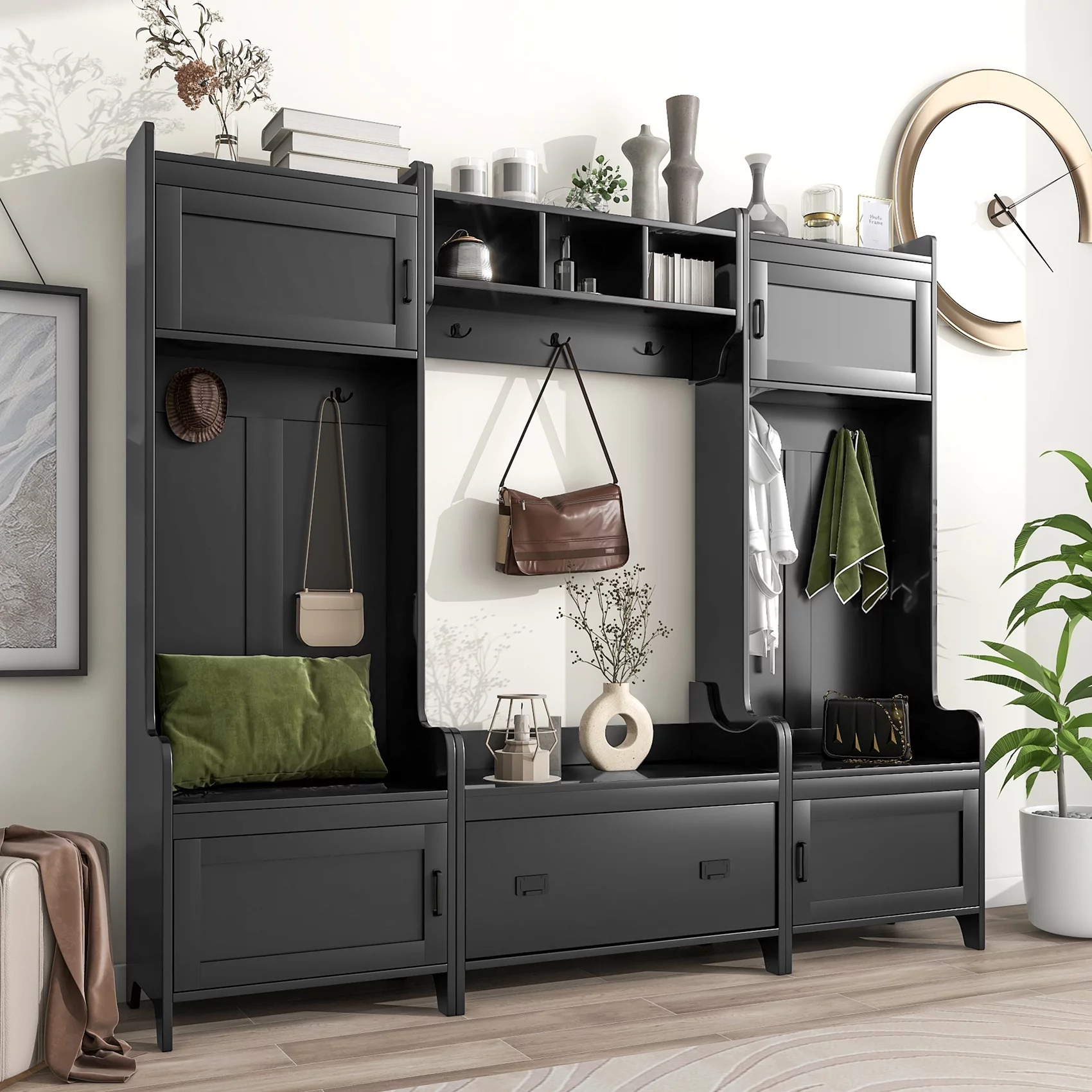 Hall Tree with Bench and Shoe Storage, 4 In 1 Entryway Bench with Coat Rack and 4 Cabinet, Mudroom Bench with 7 Double Hooks