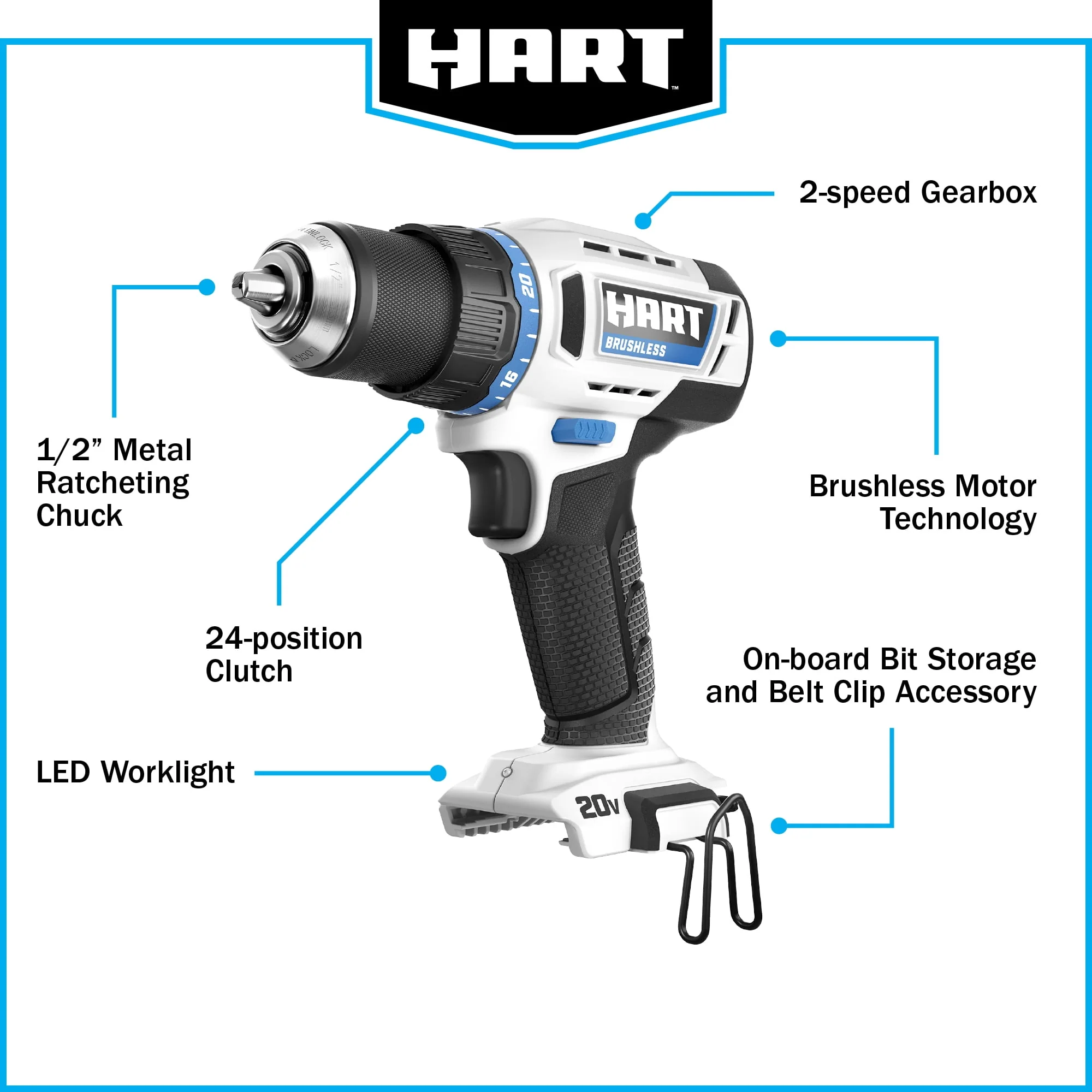 HART 20-Volt Brushless 1/2-inch Drill/Driver Kit, Gen 2