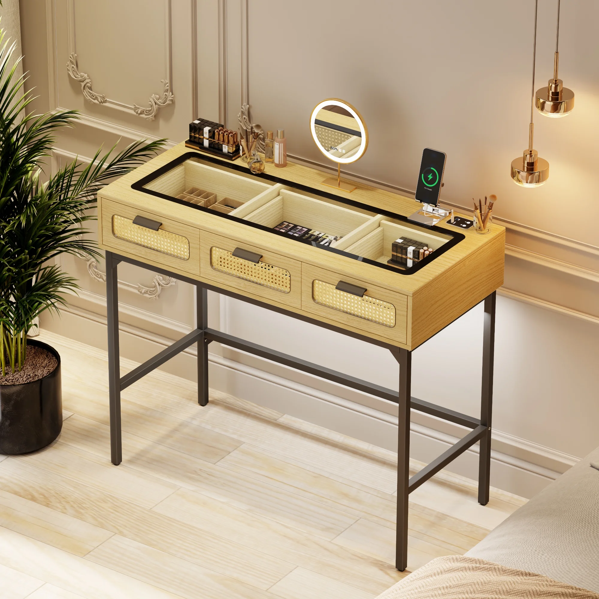 FREDEES Makeup Vanity Desk with 3 Color LED Lights & Glass Top Design & Charging Station, Wood