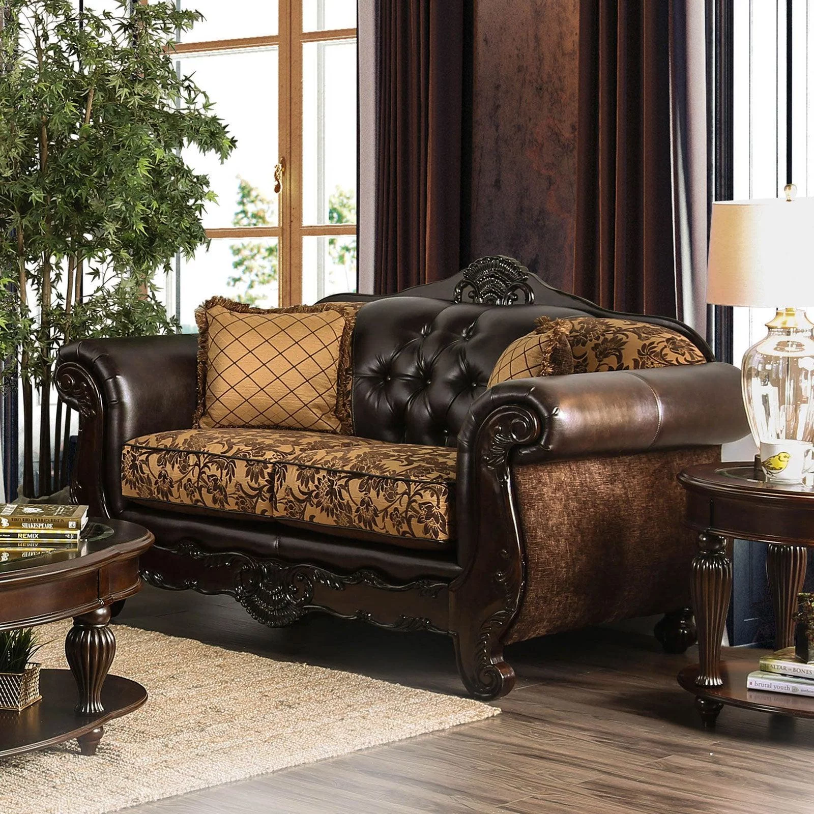 Traditional Tan & Dark Brown Chenille Sofa and Loveseat FOA Quirino
