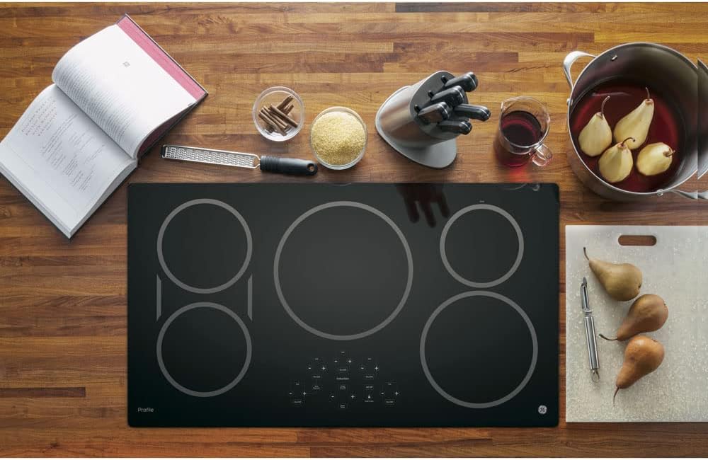 GE 36-Inch Cooktop with 5 Induction | Pan Size Sensors, SyncBurners, Red LED Display, Kitchen Timer, 3
