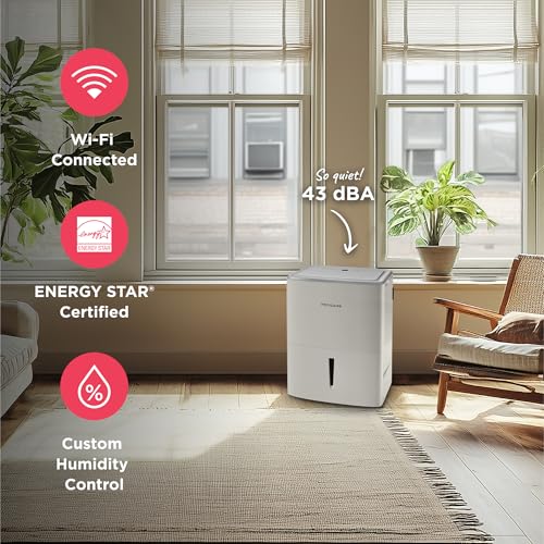 Frigidaire 50-Pint Portable Dehumidifier with Wi-Fi and Energy Star Certification for Medium/Large Rooms & Basements, Custom Humidity Control
