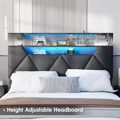 Vabches Queen Bed Frame with Storage Headboard and 4 Drawers,Upholstered Platform with Charging Station and Led Lights,Adjustable Headboard