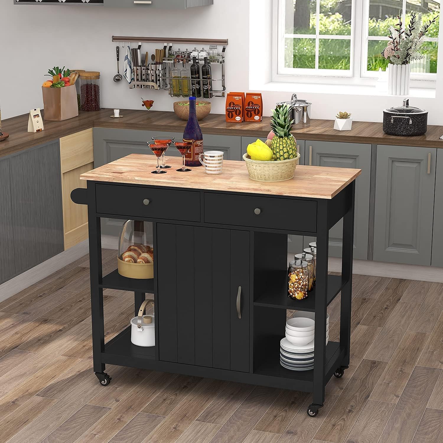 ChooChoo Kitchen Cart on Wheels with Wood Top, Utility Wood Kitchen Islands with Storage and Drawers, Easy Assembly - White