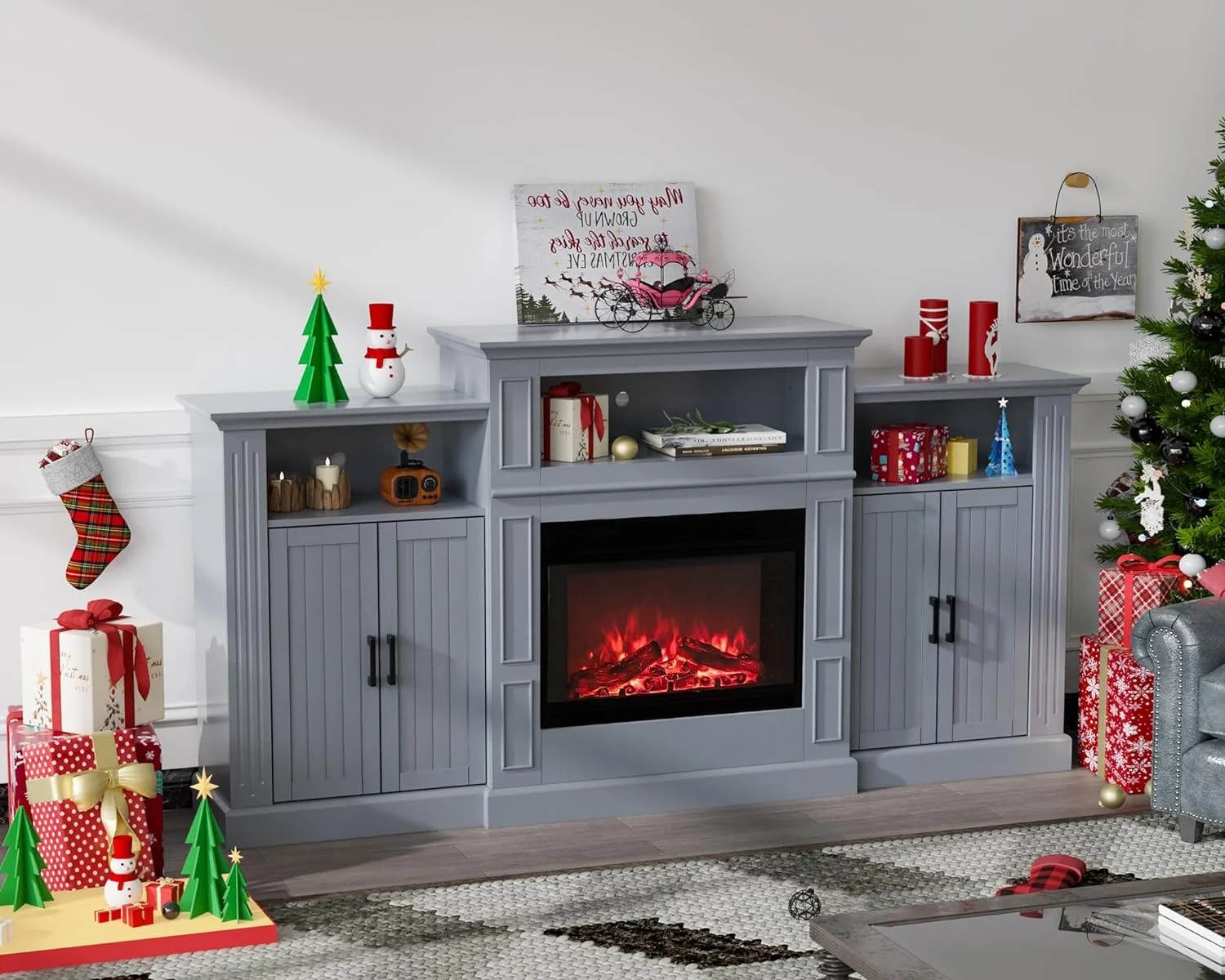 VINGLI Electric Fireplace with Mantel, 79 inches Fireplace TV Stand Media Console Entertainment Center, Gray
