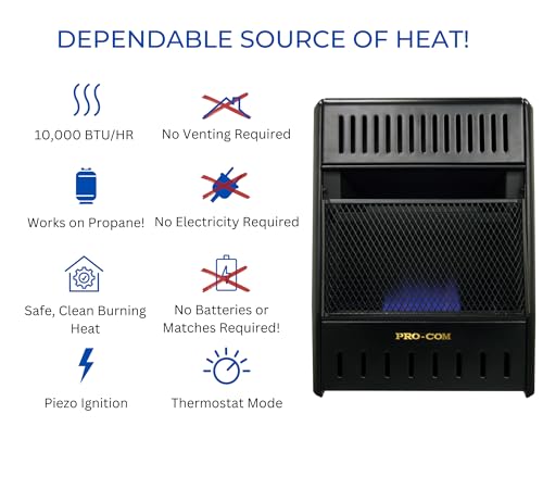 ProCom ML100TBAHR Ventless Propane Gas Blue Flame Space Heater with Thermostat Control for Living Room, Bedroom, Home Office, 10000 BTU