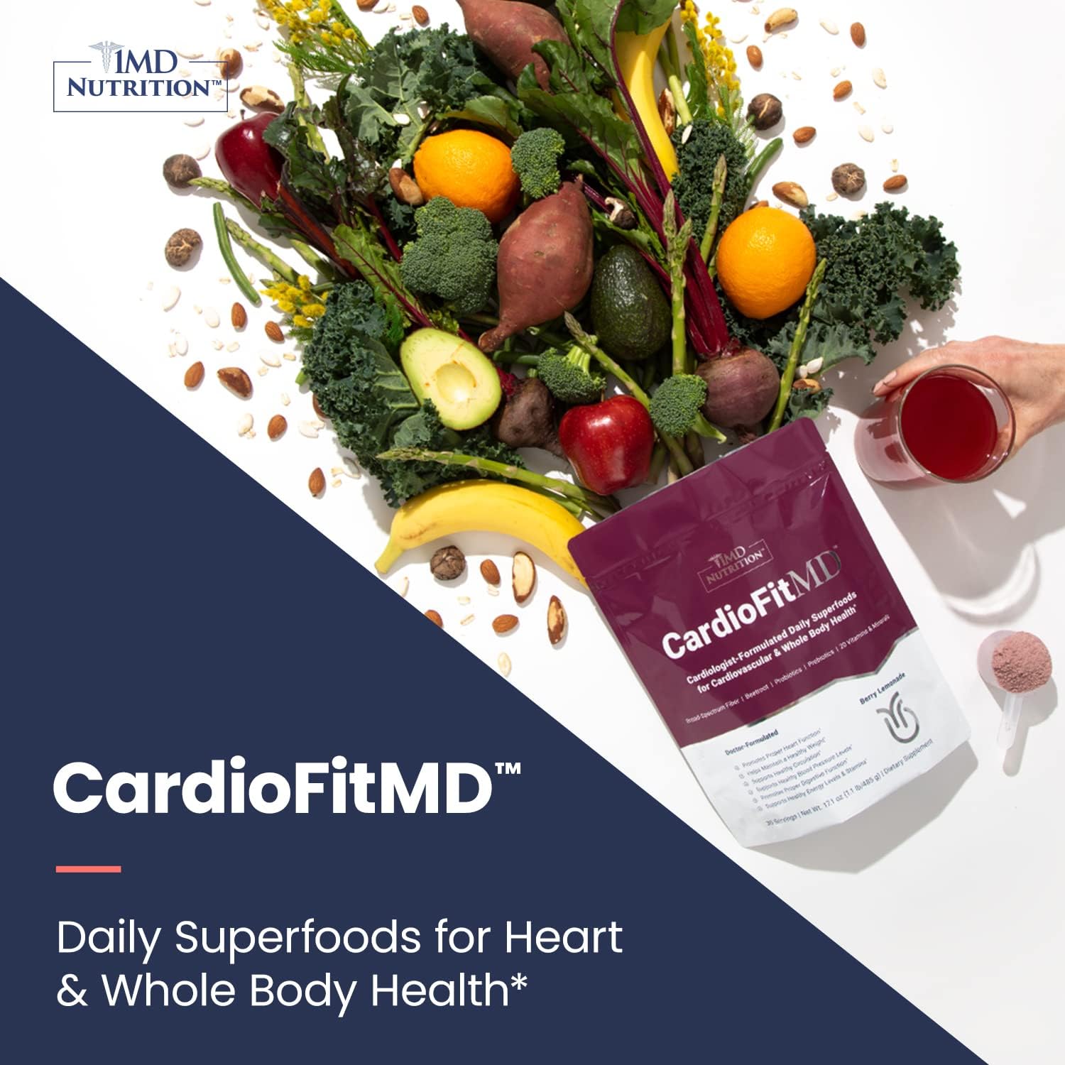 1MD Nutrition CardioFitMD - Vegan Beets Superfood Keto-Friendly Heart Health Powder - High Fiber Nutritional Supplement Drink - 30 Servings Pack of 2