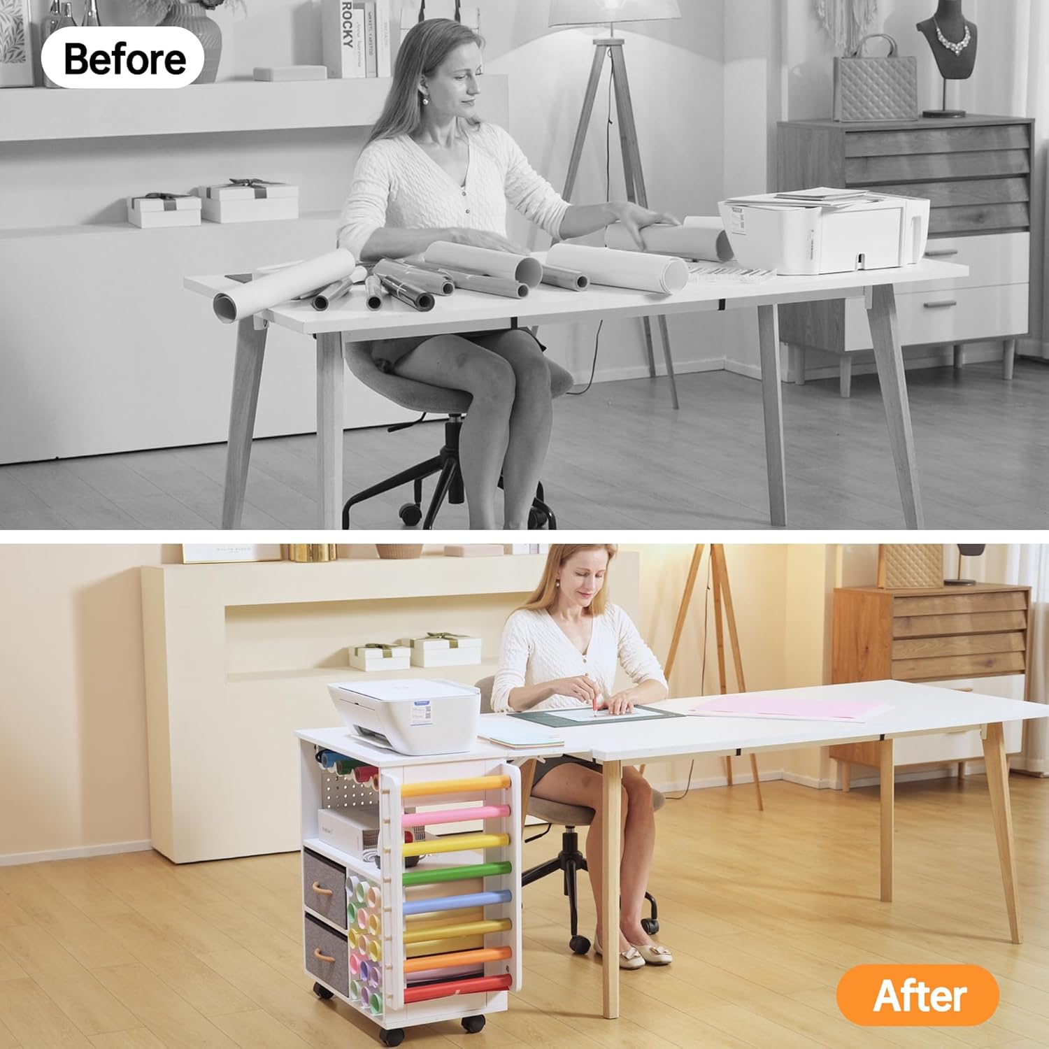CRAFTEASE Rolling Craft Cart and Storage Table Compatible with Craft Machines Foldable Craft Cabinets w/USB Ports & Outlets Vinyl Roll Holder Craft