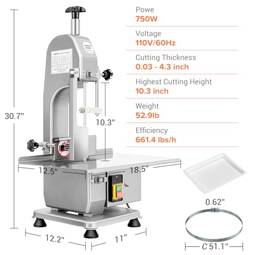 Commercial Electric Meat Saw, 750W Bone Saw For Butchering,110V Meat Bandsaw, Bone Cutting Machine with 2 Saw Blades,0.39-4.3 Cutting Thickness