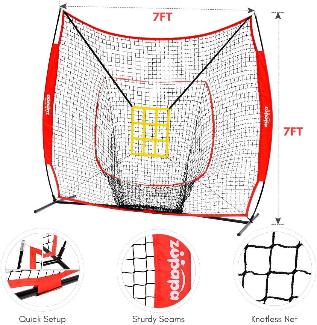 Zupapa 7 by 7 Feet Baseball Softball Hitting Pitching Net with Strike Zone, Baseball Backstop Practice Net for Batting Catching for All Skill Levels