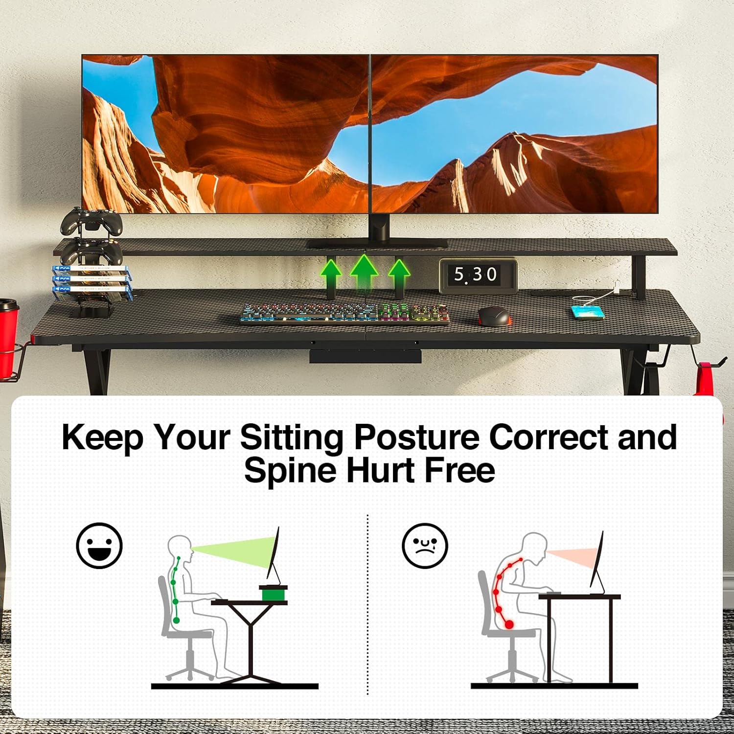 SEVEN WARRIOR Gaming Desk 55INCH with LED Strip & Power Outlets,Carbon Fiber Surface Computer Gamer Desk with Full Desk Mouse Pad