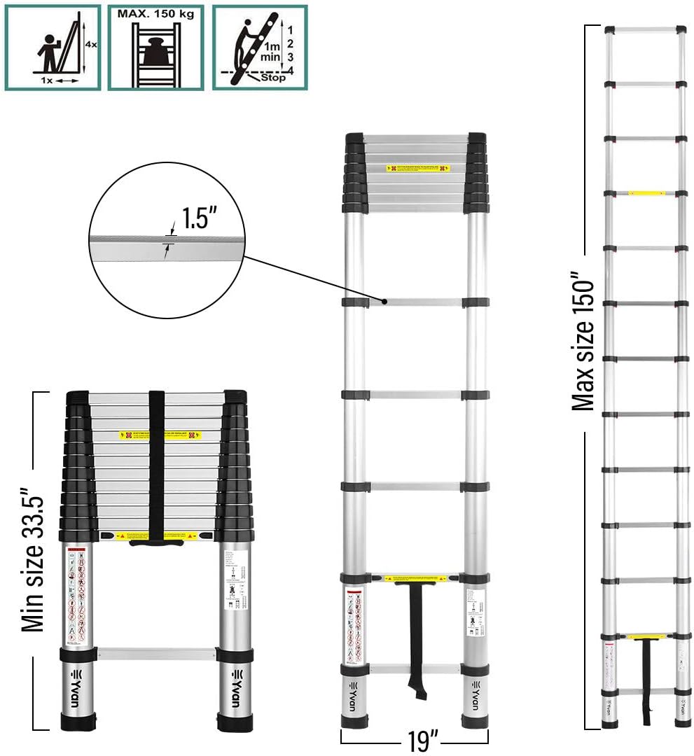 Yvan Telescoping Ladder,12.5 FT One Button Retraction Aluminum Telescopic Extension Extendable Ladder