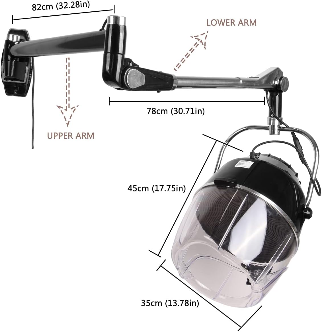 Samger Retractable 900W Wall Mounted Hair Hood Dryer Professional Hair Dryer with Flexible Swivel Arm Built-in 60min Timer Adjustable Temperature 70℃