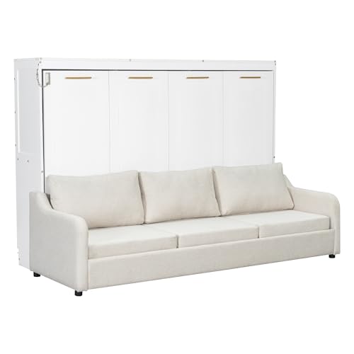 Queen Size Murphy Bed with Sofa, Shelves, USB & Light, Can be Folded Wall Bed and Tall Cabinet with Glass Doors& Wine Rack
