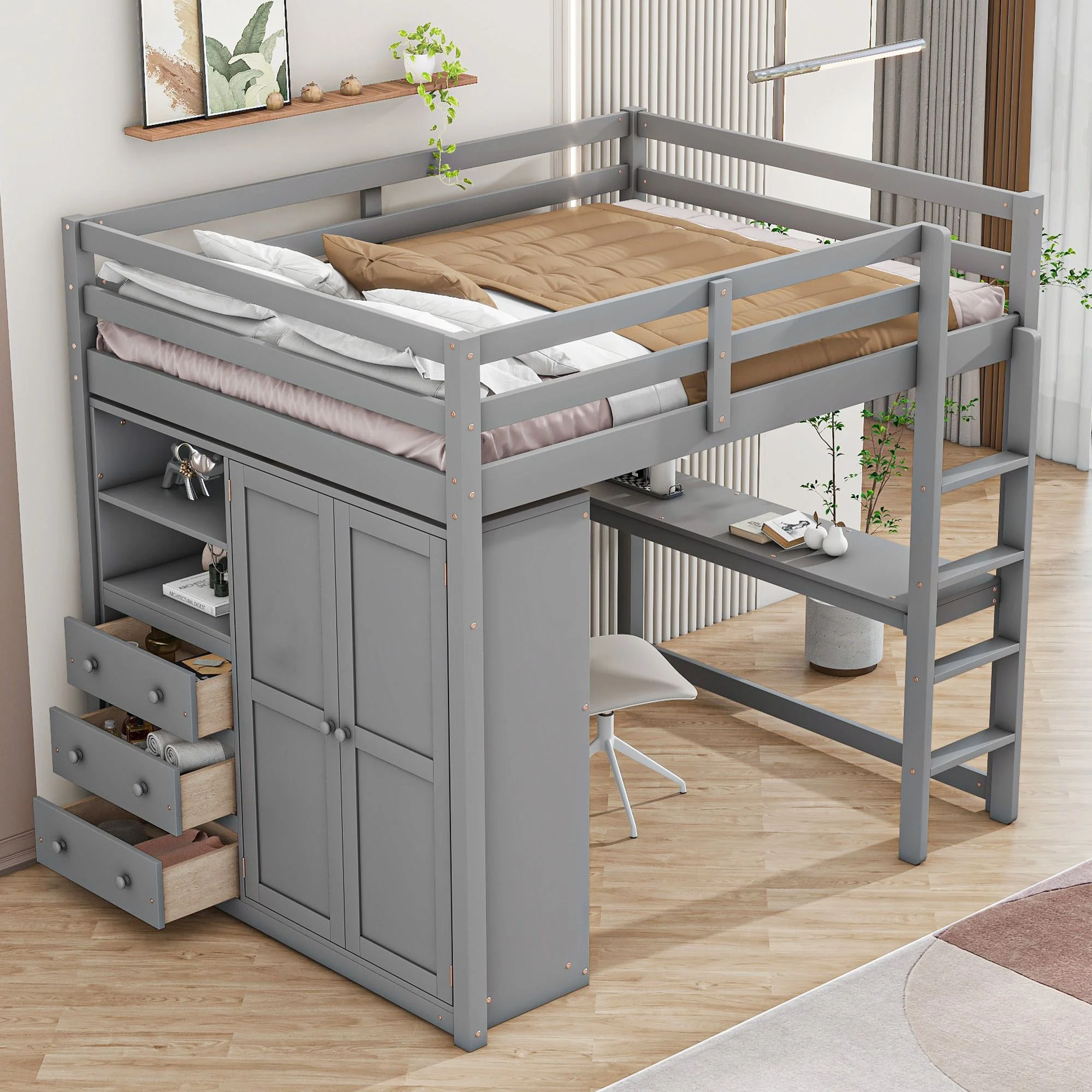 Full Size Loft Bed with Built-in Wardrobe, Desk, Storage Shelves and Drawers, Wooden Loft Beds Frame with Large Space