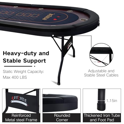 LED Poker Table, 10 Player Foldable Texas Holdem Table w/Inlaid LED Light, 2 USB & 2 Type-c Ports