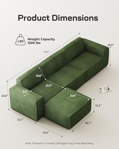 Marsail 142" Oversized Deep U Shaped Modular Sofa, Corduroy Cloud Couches with Deep Seats and High-Back Design
