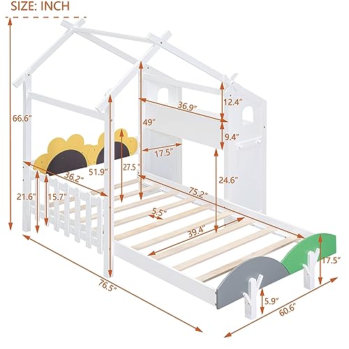 House-Shaped Twin Size Platform Bed with Windmill and Flower Decor, Solid Wood House Bed Kids Bed with Desk and 2 Handles for Girls Boys