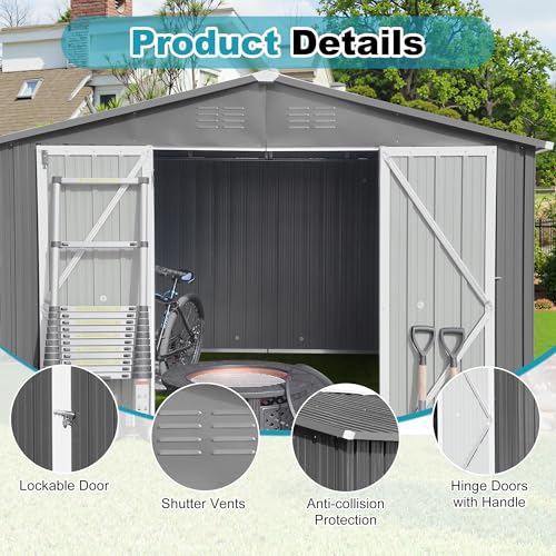 8x6 FT Outdoor Storage Shed, Metal Tool Shed with Lockable Doors, Peaked Roof & Frame Floor