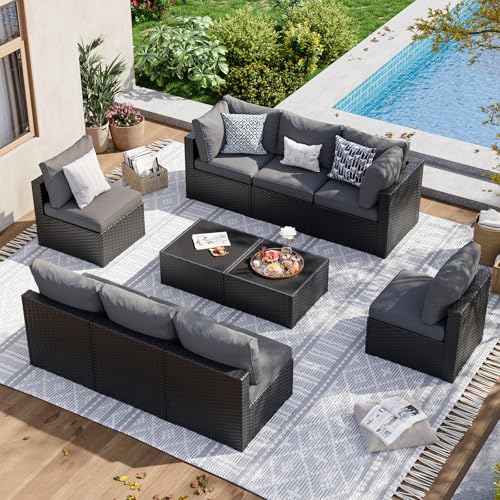 Aoxun 7 Piece Patio Furniture Set Wicker Rattan Patio Sectional Sofa Set Outdoor Seating Furniture with Thickened Cushion, Grey