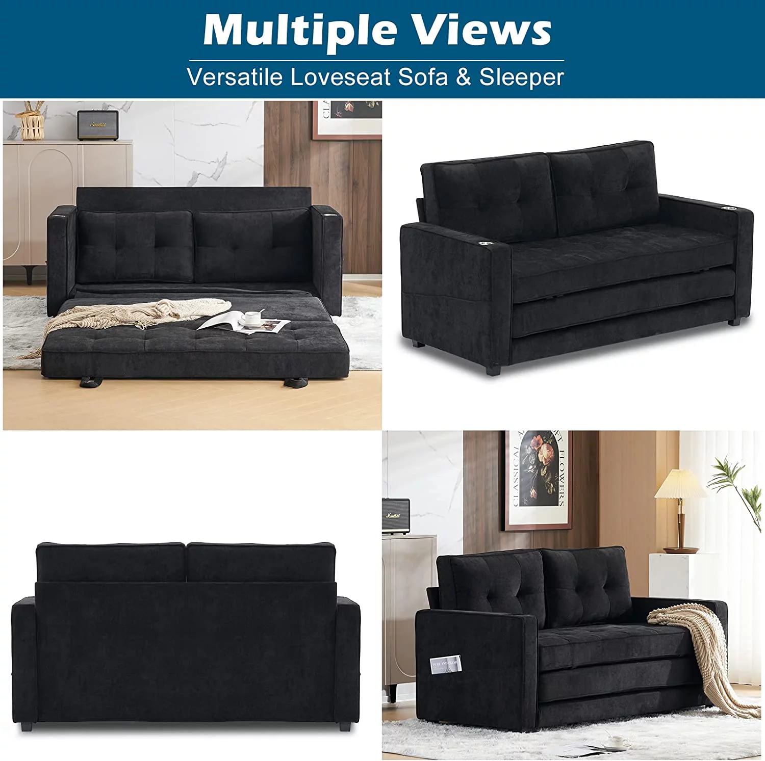 VINGLI Upgraded 64" W 84" L Full Size Futon Sofa Bed, 6" Thick Upholstery Chenille Loveseat Sofa Sleeper Pull Out Couch