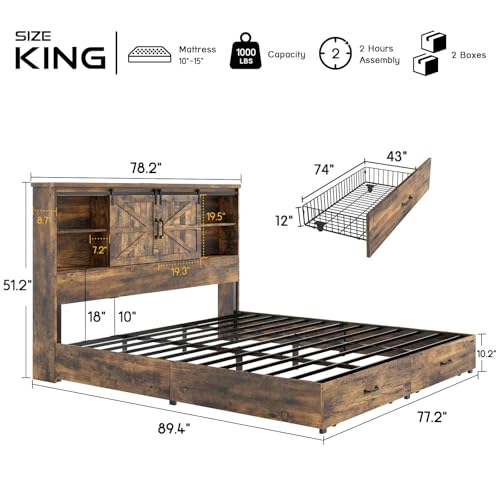 HOWE King Size Bed Frame, Wood Platform Bed Frame with 51.2" Bookcase Headboard, Storage Bed with Sliding Barn Door Charging Station 2 Drawers