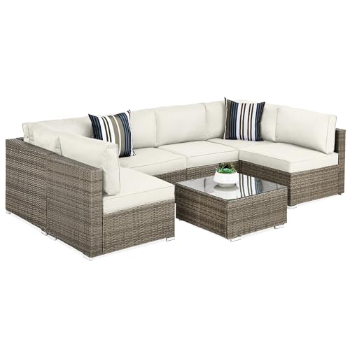 Best Choice Products 7-Piece Modular Outdoor Sectional Wicker Patio Conversation Set w/ 2 Pillows, Coffee Table, Cover Included - Gray/Navy