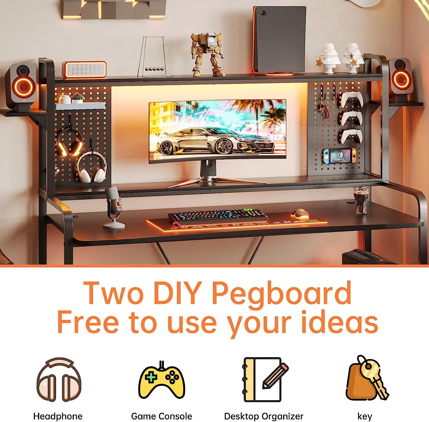 SEDETA Gaming Desk, 55" Computer Desk with Hutch and Shelves, LED Lights, Pegboard and Monitor Shelf, Large PC Gamer Desk Workstation for Home Office